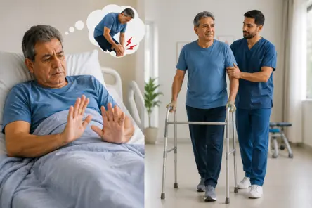 Senior man in blue nightwear sits up in bed, imagining a caregiver assisting him with a leg therapy exercise; on the right, he uses a walker with a nurse guiding him.