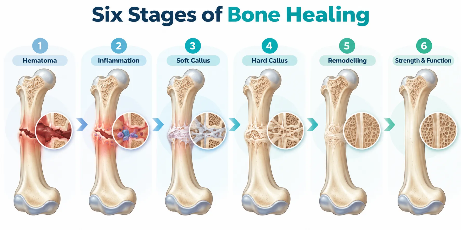 Six stages of bone healing from hematoma to remodeling: sequence of a fractured bone healing with magnified views at each stage (hematoma, inflammation, soft callus, hard callus, remodeling, strength & function).